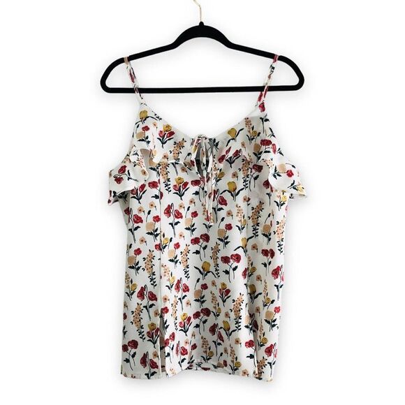 Doe & Rae Women's Size Small‎ White Floral Ruffle Trim Cami Tank Top Flowy - Picture 1 of 16